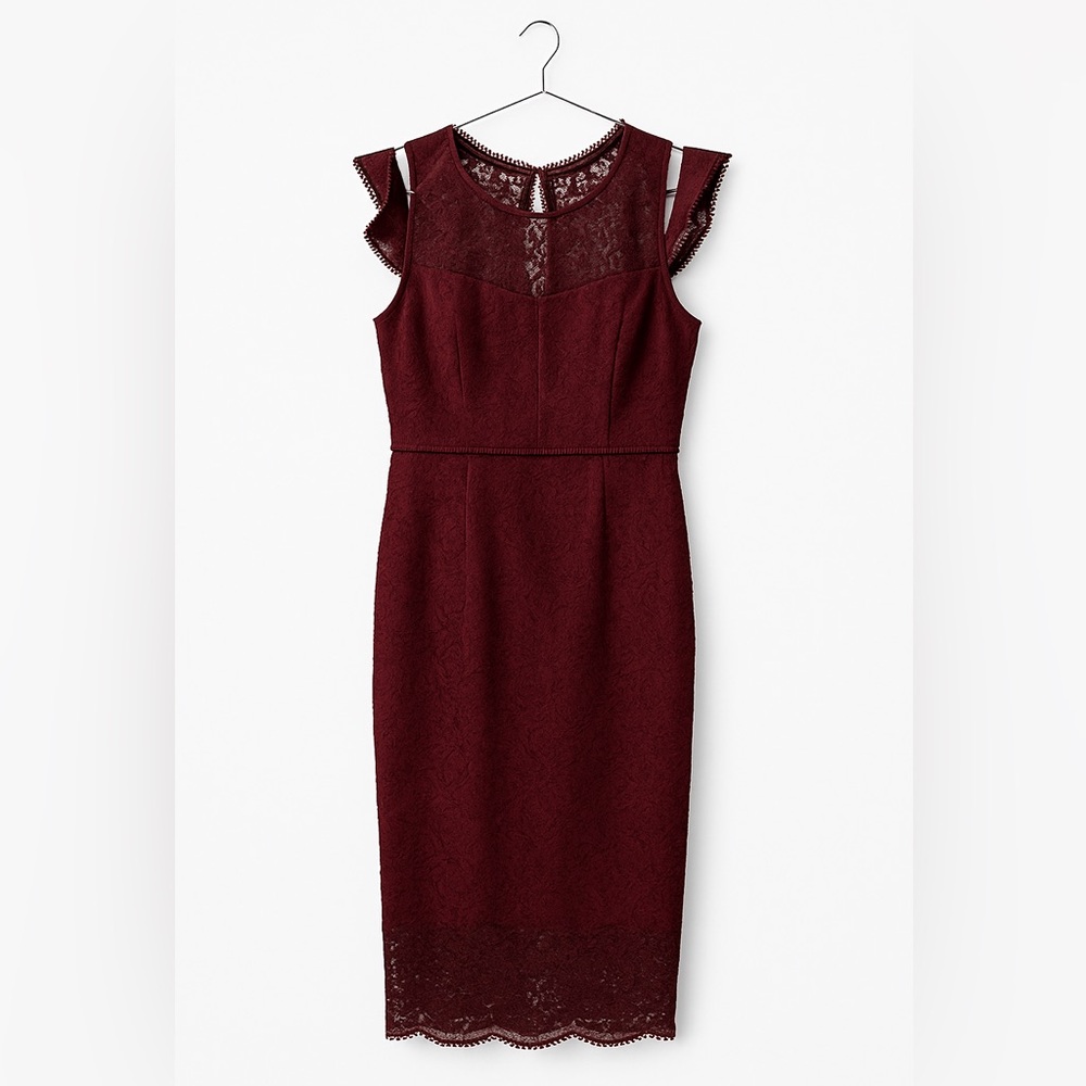 Bebe Burgundy Lace Midi Dress – Size 12 | Elegant & Flattering